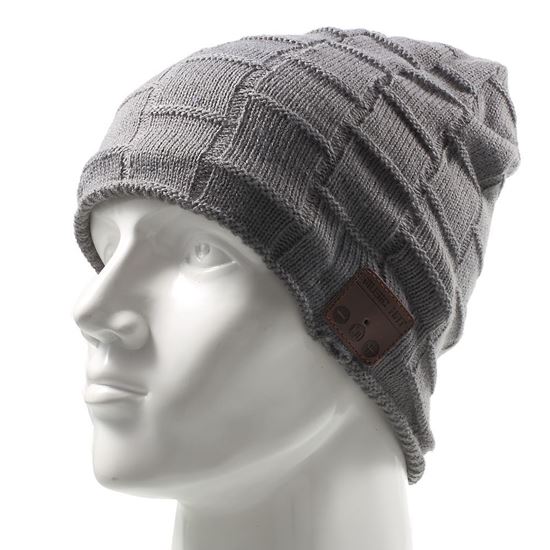 Picture of Grid Pattern Knitted Winter Warm Hat Cap Built-in Wireless Bluetooth Headphone & Microphone - Dark Grey